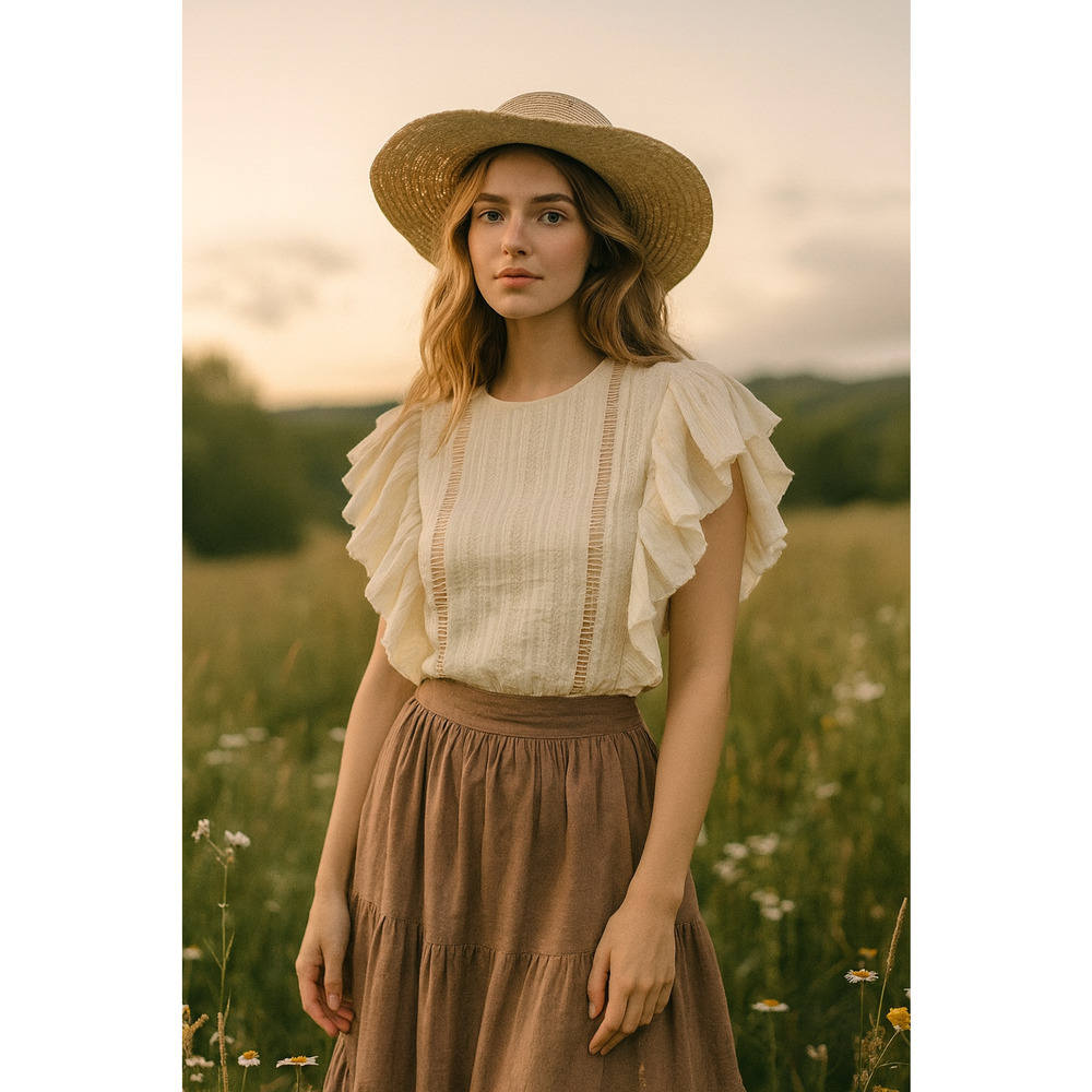 Cottage Core Size S/M Prairie Linen‎ Blend Ruffle Frill Short Sleeve Boho